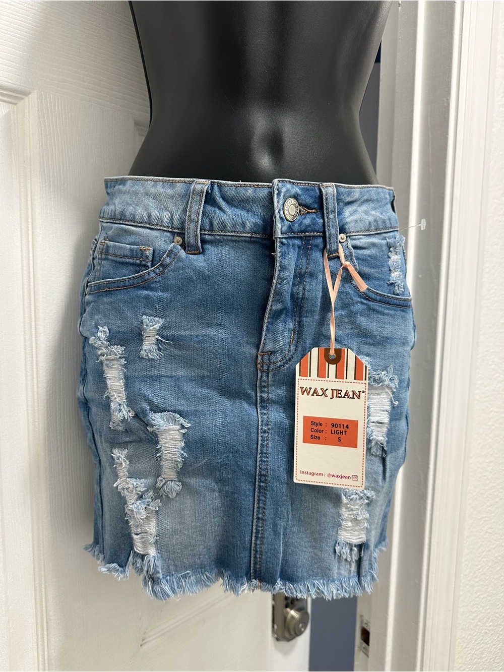 Wax Jean Light Blue Distressed Denim Mini Skirt with Frayed Hem